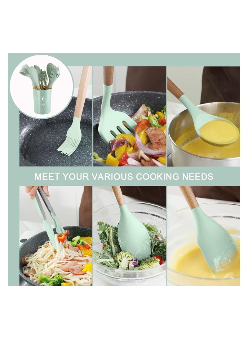Goolsky 11pcs Silicone Kitchen Cooking Utensil Set, Kitchen Utensils Spatula Set with Holder, Cooking Wooden Utensils for Nonstick Cookware, Kitchen Gadgets and BPA Free Non Toxic Spatula Set - Image 4