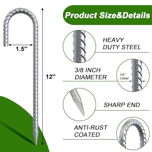 AAGUT Rebar Stakes 12 Inch J Hook Heavy Duty 8 Pack, 3/8 Inch Galvanized Metal Steel Ground Anchors Chain Link Fence Stakes for Camping Tent, Inflatables, Yard Decorations, Canopies & Swing Sets - Image 2