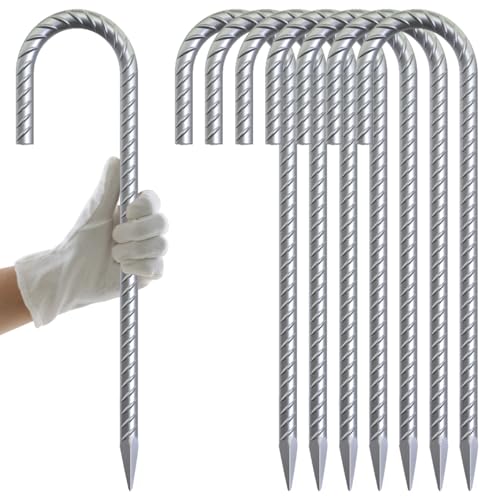 AAGUT Rebar Stakes 12 Inch J Hook Heavy Duty 8 Pack, 3/8 Inch Galvanized Metal Steel Ground Anchors Chain Link Fence Stakes for Camping Tent, Inflatables, Yard Decorations, Canopies & Swing Sets - Image 1