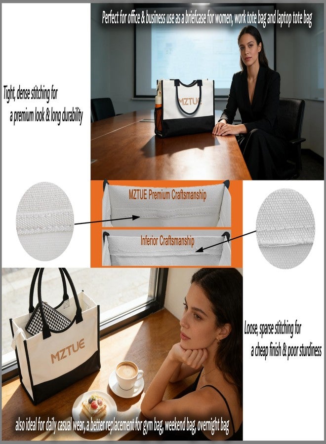 MZTUE Unisex Canvas Tote Bag with Zipper for Travel Gym Commute Black White - Image 5
