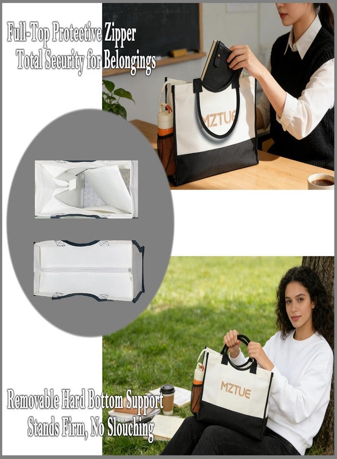 MZTUE Unisex Canvas Tote Bag with Zipper for Travel Gym Commute Black White - Image 4