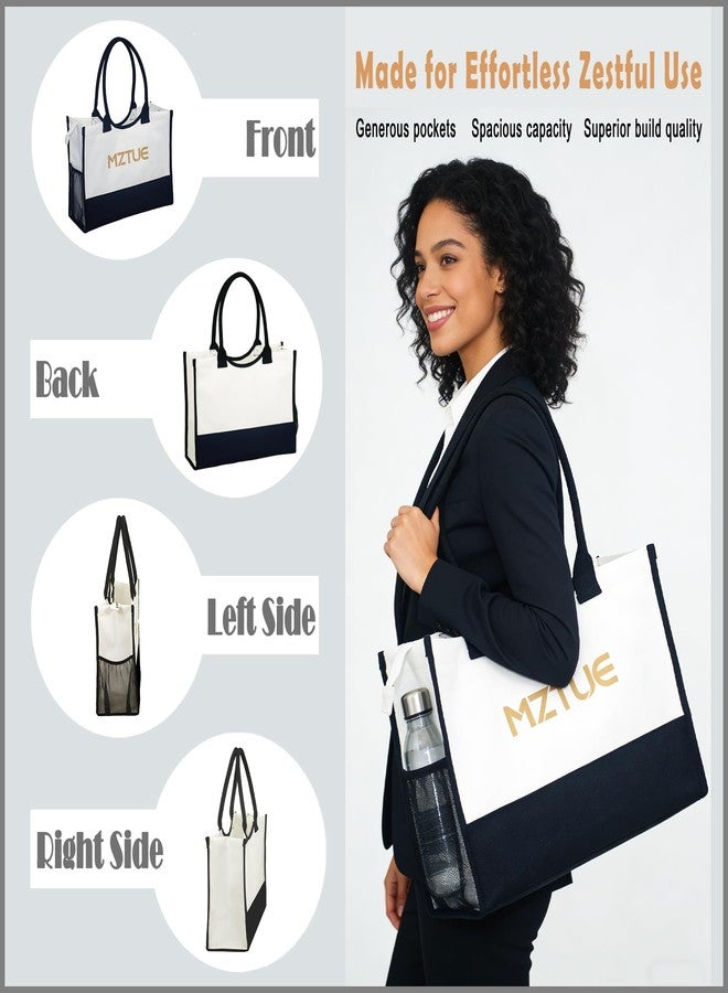 MZTUE Unisex Canvas Tote Bag with Zipper for Travel Gym Commute Black White - Image 2