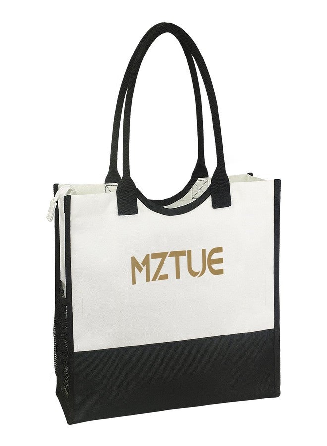 MZTUE Unisex Canvas Tote Bag with Zipper for Travel Gym Commute Black White - Image 1