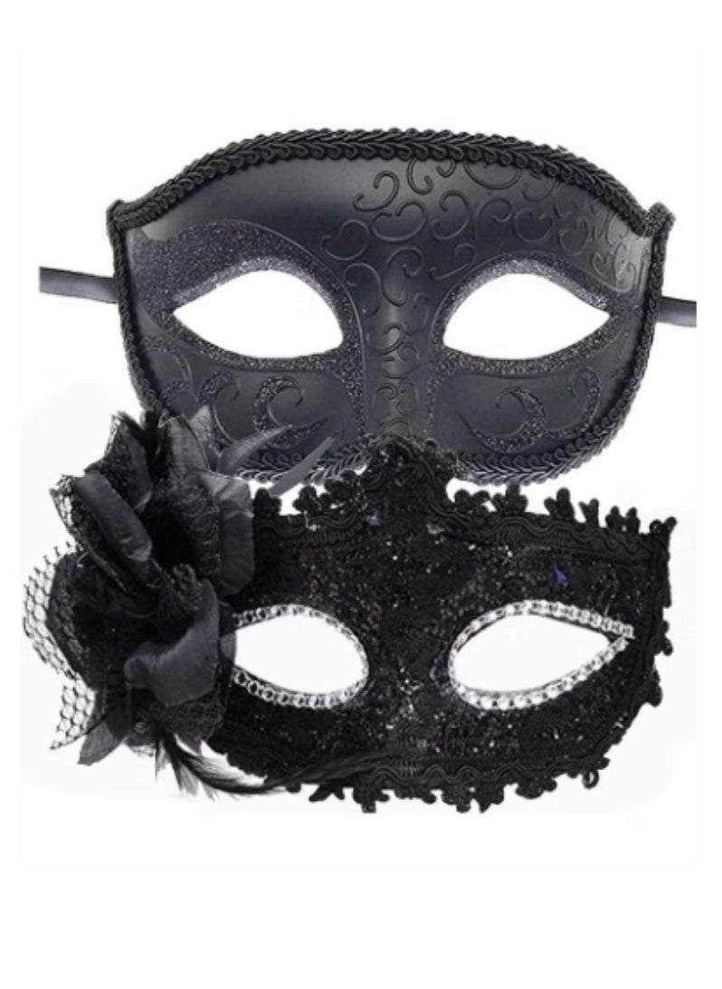 Generic Couples Mardi Gras Venetian Masquerade Masks Set, Side flower Mask and Painted Pattern Half Face Dress Up Mask, Party Costume Accessory (Black)  - Image 1