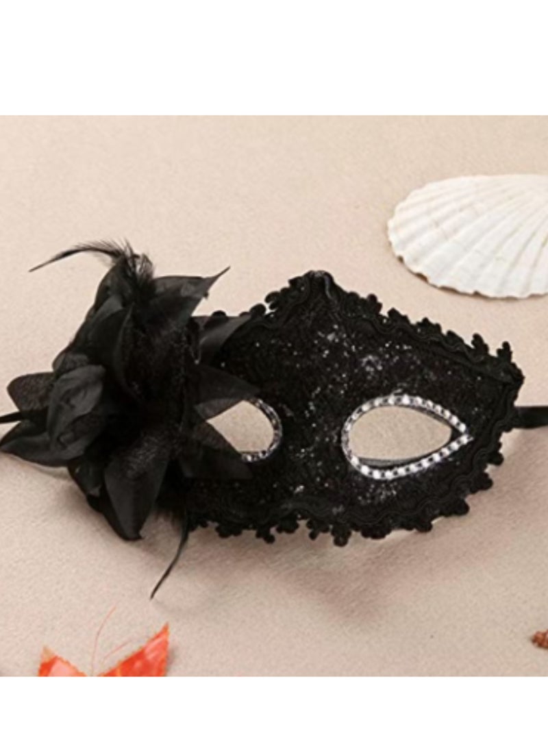 Generic Couples Mardi Gras Venetian Masquerade Masks Set, Side flower Mask and Painted Pattern Half Face Dress Up Mask, Party Costume Accessory (Black)  - Image 2