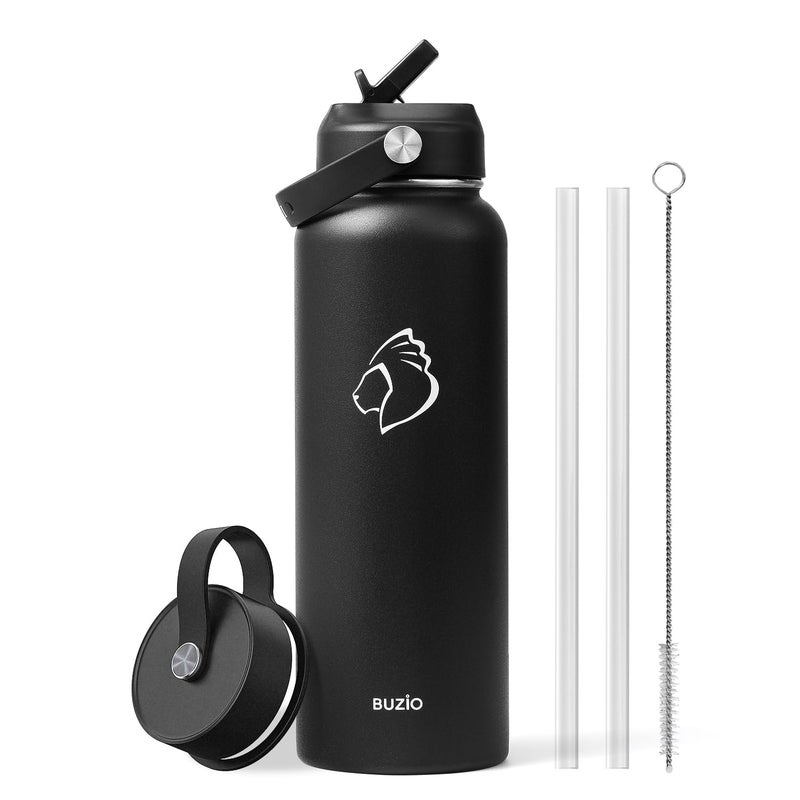 BUZIO 40oz Insulated Water Bottle, Triple Wall Vacuum Stainless Steel Water Flask with 2 lids, Lead-Free BPA-Free Straw Lid Sports Canteen Jug, Cold 48H & Hot 24H- Black - Image 4