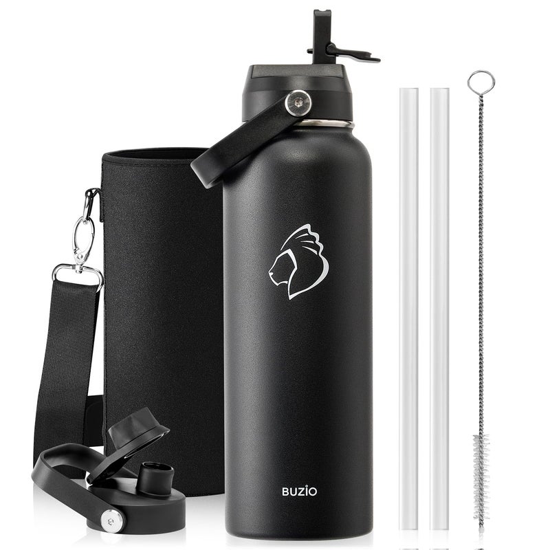 BUZIO 40oz Insulated Water Bottle, Triple Wall Vacuum Stainless Steel Water Flask with 2 lids, Lead-Free BPA-Free Straw Lid Sports Canteen Jug, Cold 48H & Hot 24H- Black - Image 1