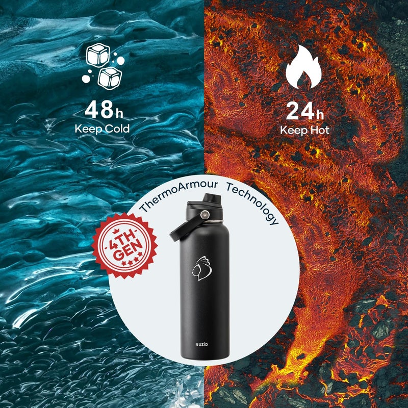 BUZIO 40oz Insulated Water Bottle, Triple Wall Vacuum Stainless Steel Water Flask with 2 lids, Lead-Free BPA-Free Straw Lid Sports Canteen Jug, Cold 48H & Hot 24H- Black - Image 2