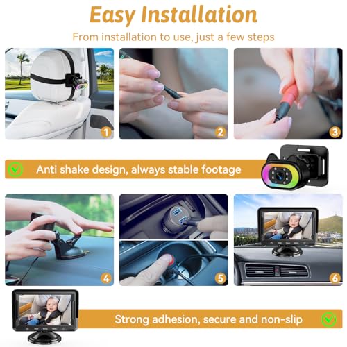Wkzay Baby Car Camera HD 1080P - 150° Wide Angle, Night Vision, Adjustable View, LED Lights, Easy Installation, Infant Safety, Rear Seat Monitoring for Car Travel - Image 3