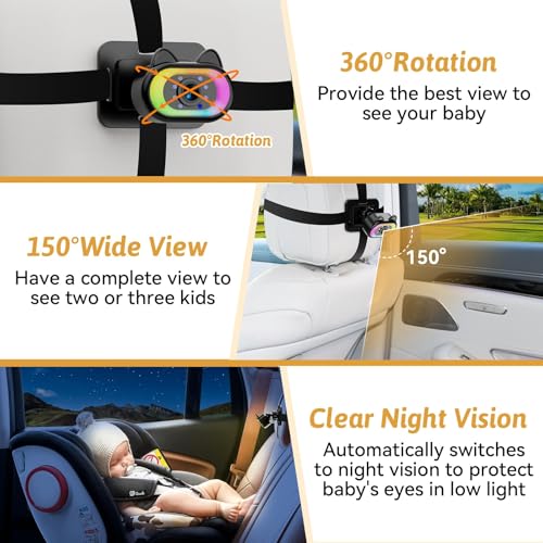 Wkzay Baby Car Camera HD 1080P - 150° Wide Angle, Night Vision, Adjustable View, LED Lights, Easy Installation, Infant Safety, Rear Seat Monitoring for Car Travel - Image 4