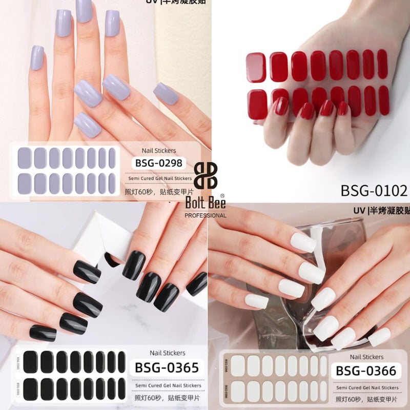 Bolt Bee Semi Cured Gel Nail Strips Stickers Gel Nail Wraps UV Light Required Salon Quality 12 sheets set with UV Lamp Plain - Image 4