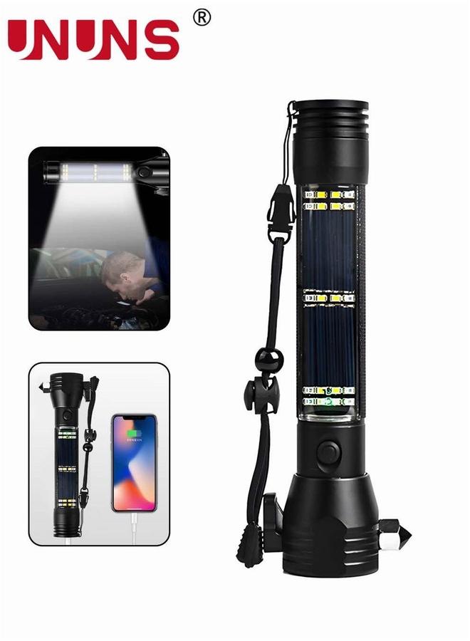 UNUNS LED Flashlight Black,Multi-Function Solar Powered With Glass Breaker,Alarm And Phone Charger,6 Modes COB Torch Side Lights,Portable Hand  - Image 1