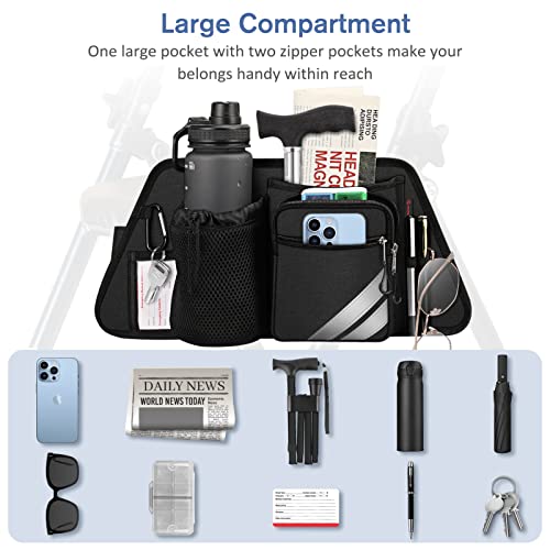 FINPAC Rollator Side Storage Bag with Cup Holder for Bariatric Walkers, Wheelchairs - Rollator Attachment Organizer with Phones, Pens, Eyeglasses, Folding Cane Pouch for Seniors and Elderly (Black) - Image 2