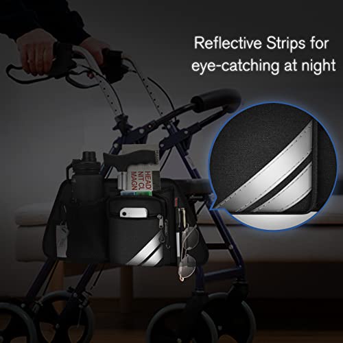 FINPAC Rollator Side Storage Bag with Cup Holder for Bariatric Walkers, Wheelchairs - Rollator Attachment Organizer with Phones, Pens, Eyeglasses, Folding Cane Pouch for Seniors and Elderly (Black) - Image 4