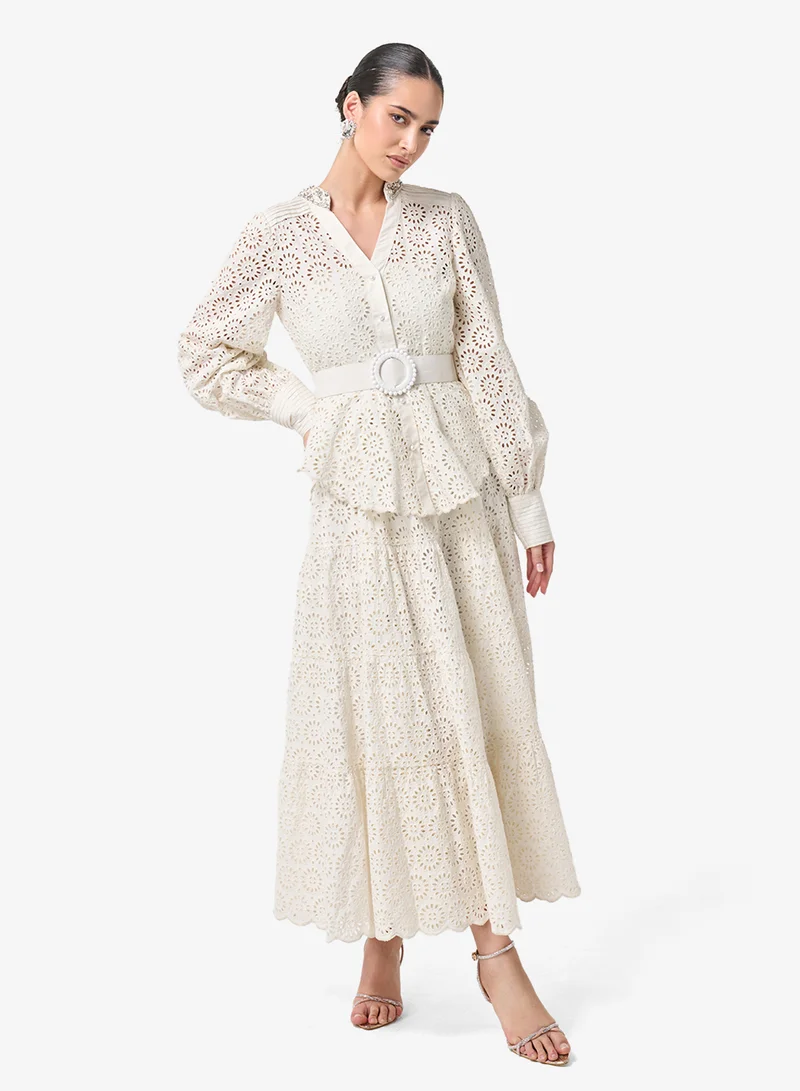 Threadz by Ajooni  Belted Eyelet Lace Peplum Maxi Dress for Women | Best Price UAE