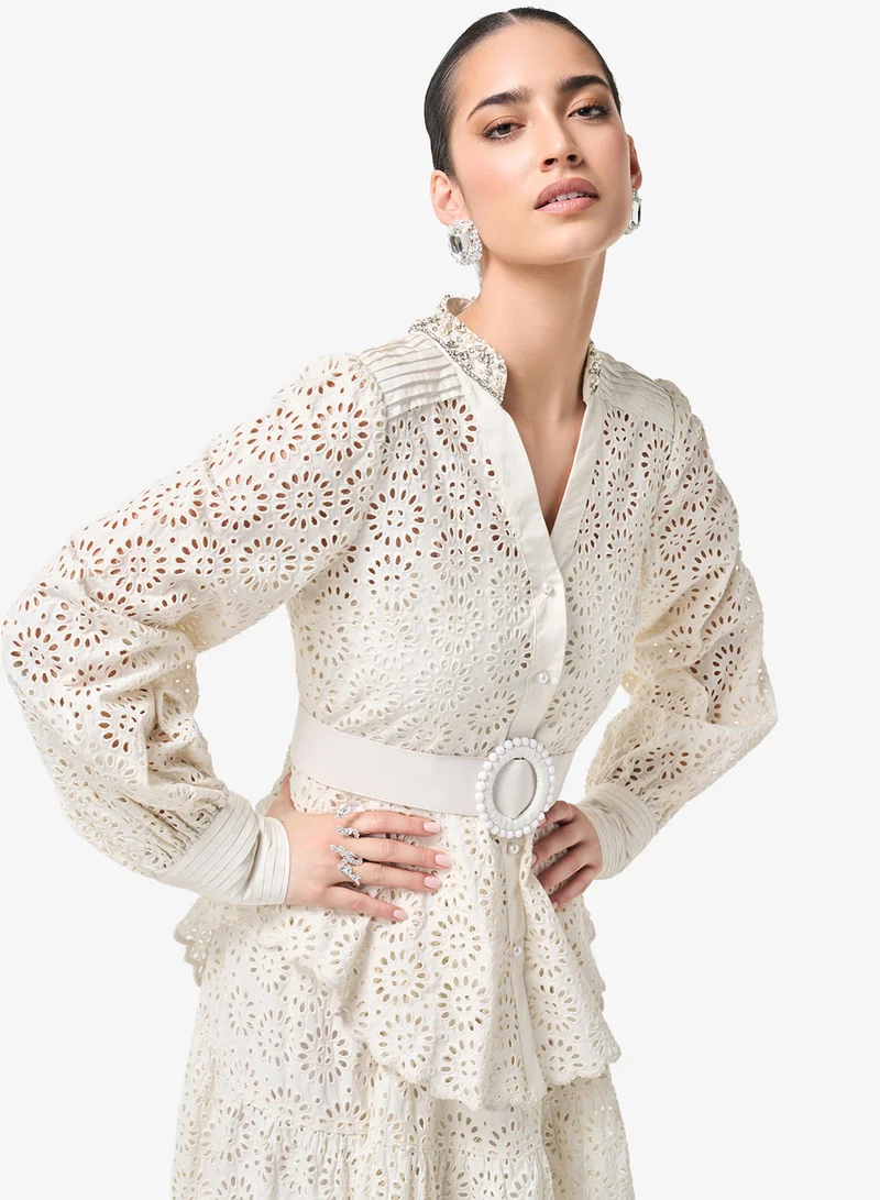 Threadz by Ajooni  Belted Eyelet Lace Peplum Maxi Dress for Women | Best Price UAE