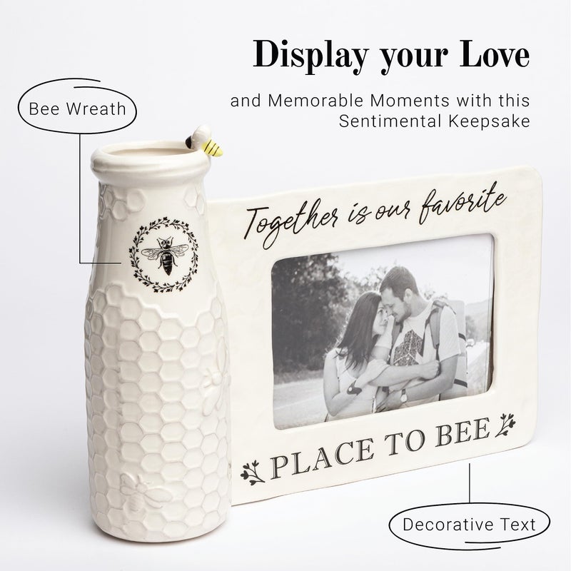 Young's Inc. Ceramic Bee Vase مع إطار الصور - ديكور المزرعة - ديكورات ريفية للمنزل - 11 W × 8 ساعات لمدة 4 × 6 صورة - Image 3