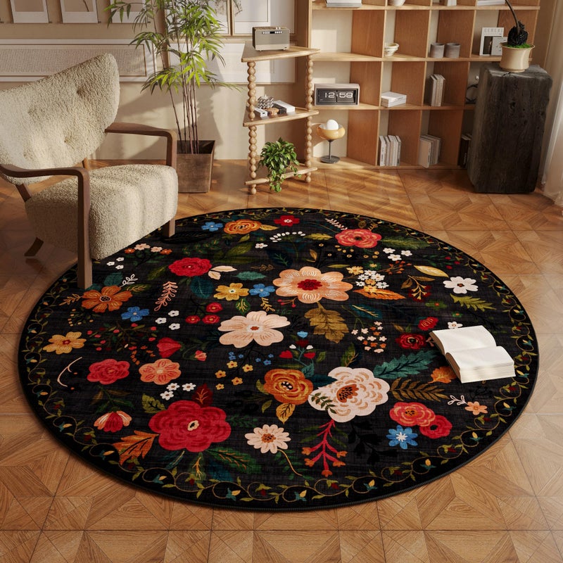 Rugcomf Round Rug 6ft Washable Circle Rug Non Slip Low Pile Boho Floral Small Circular Rug for Bedroom Bathroom Entryway Kids Room Office College DormBlack