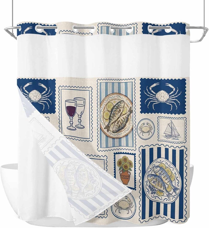 No Hook Shower Curtain and Liner Set, Summer Ocean Snap in Shower Curtain Set, Nautical Coastal Fish Food Wine Crab Retro Waterproof Fabric Bathroom Curtain with See Through Top Window 72"x78" - Image 1