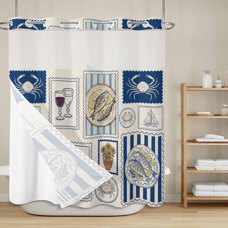 No Hook Shower Curtain and Liner Set, Summer Ocean Snap in Shower Curtain Set, Nautical Coastal Fish Food Wine Crab Retro Waterproof Fabric Bathroom Curtain with See Through Top Window 72"x78" - Image 2