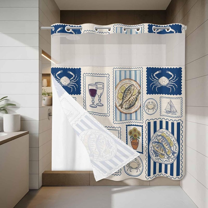 No Hook Shower Curtain and Liner Set, Summer Ocean Snap in Shower Curtain Set, Nautical Coastal Fish Food Wine Crab Retro Waterproof Fabric Bathroom Curtain with See Through Top Window 72"x78" - Image 3