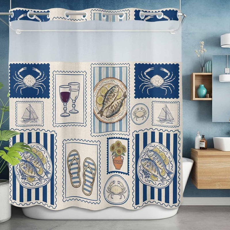 No Hook Shower Curtain and Liner Set, Summer Ocean Snap in Shower Curtain Set, Nautical Coastal Fish Food Wine Crab Retro Waterproof Fabric Bathroom Curtain with See Through Top Window 72"x78" - Image 5