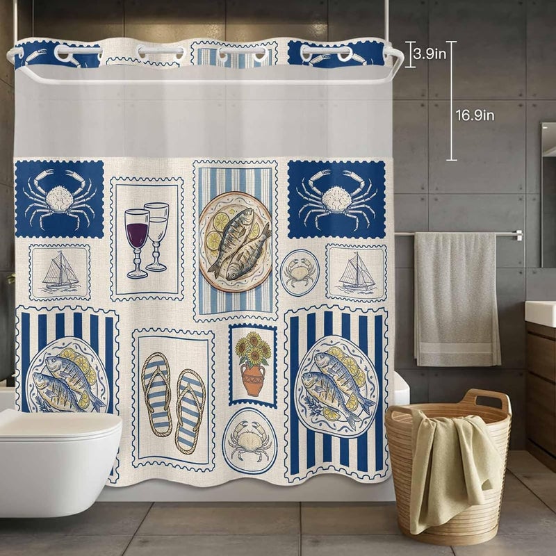 No Hook Shower Curtain and Liner Set, Summer Ocean Snap in Shower Curtain Set, Nautical Coastal Fish Food Wine Crab Retro Waterproof Fabric Bathroom Curtain with See Through Top Window 72"x78" - Image 4