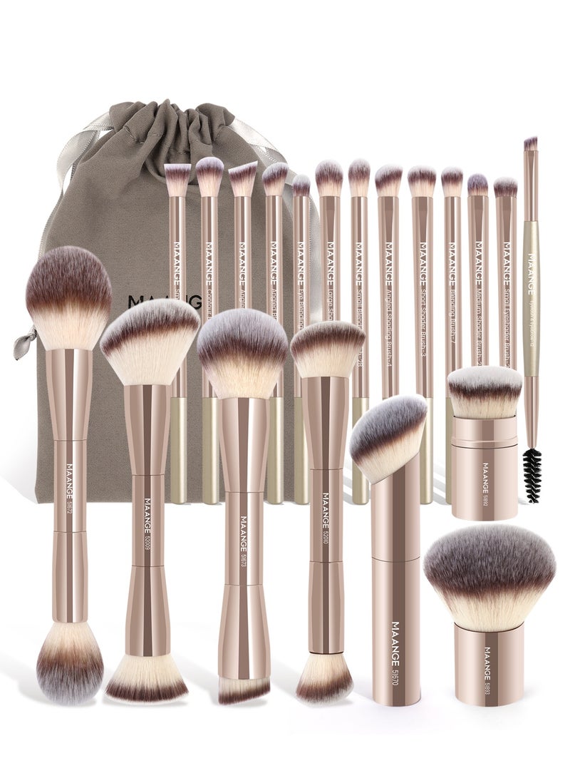 MAANGE مجموعة فرش مكياج الأساس 21 قطعة، فرشاة كابوكي مزدوجة الطرف لتوزيع سائل البودرة وكريم التغطية ودمج أحمر الخدود وأدوات مكياج الوجه (ذهبي) - Image 1