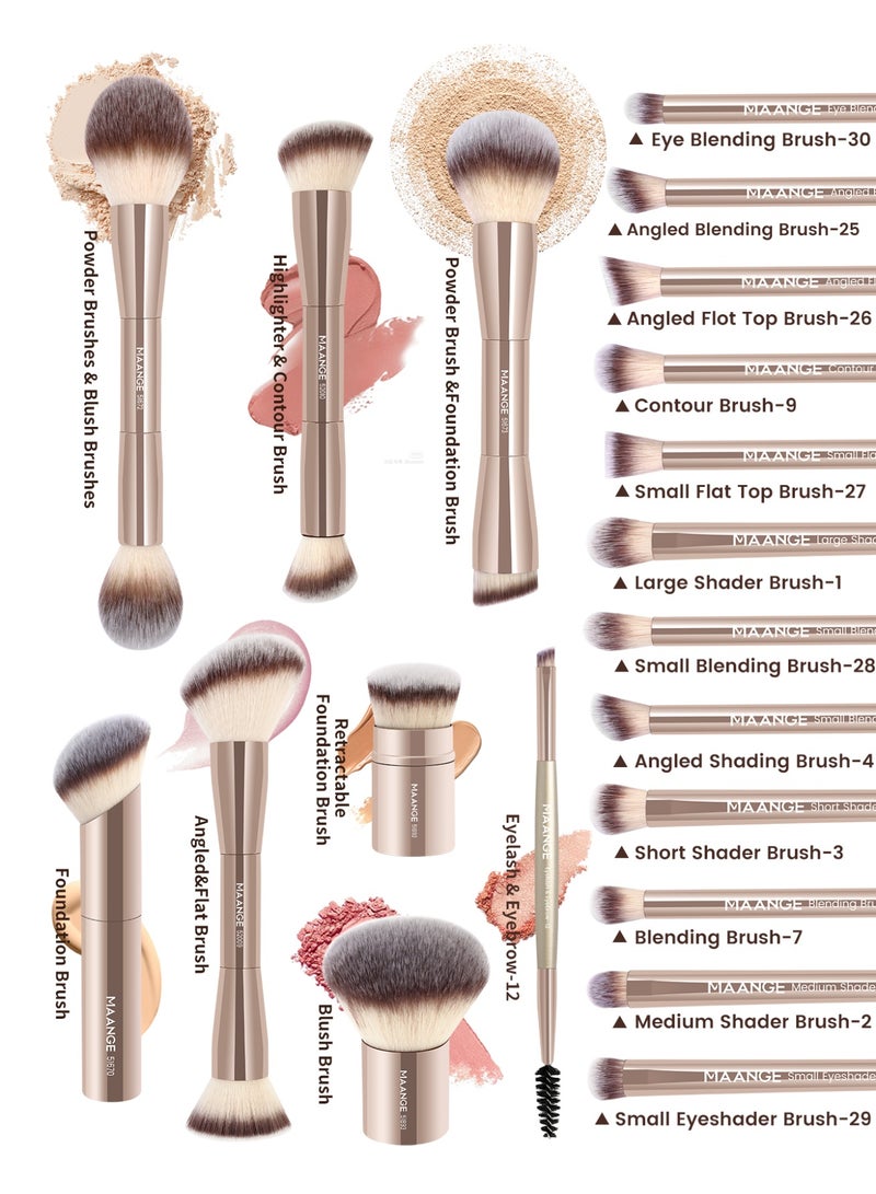 MAANGE مجموعة فرش مكياج الأساس 21 قطعة، فرشاة كابوكي مزدوجة الطرف لتوزيع سائل البودرة وكريم التغطية ودمج أحمر الخدود وأدوات مكياج الوجه (ذهبي) - Image 5