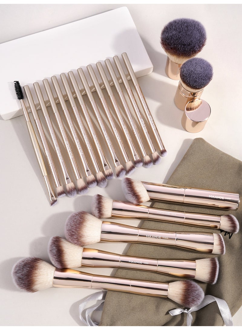 MAANGE مجموعة فرش مكياج الأساس 21 قطعة، فرشاة كابوكي مزدوجة الطرف لتوزيع سائل البودرة وكريم التغطية ودمج أحمر الخدود وأدوات مكياج الوجه (ذهبي) - Image 3