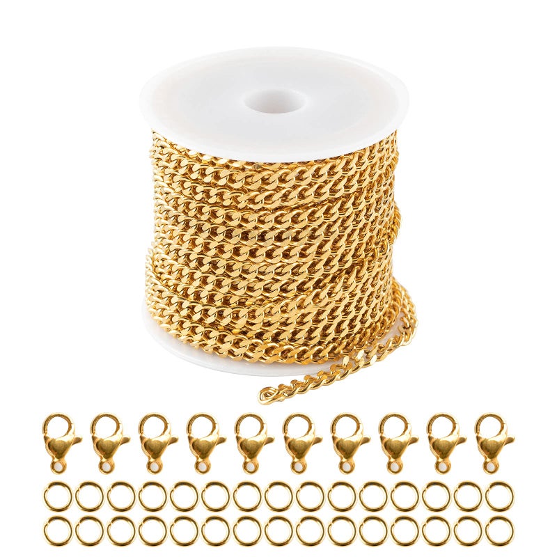 UMAOKANG 164 Feet Gold Stainless Steel Cuban Link Chain Bulk Twist Necklace Chain with Open Jump Rings Lobster Clasps for Women Men Choker Bracelet Anklet Making