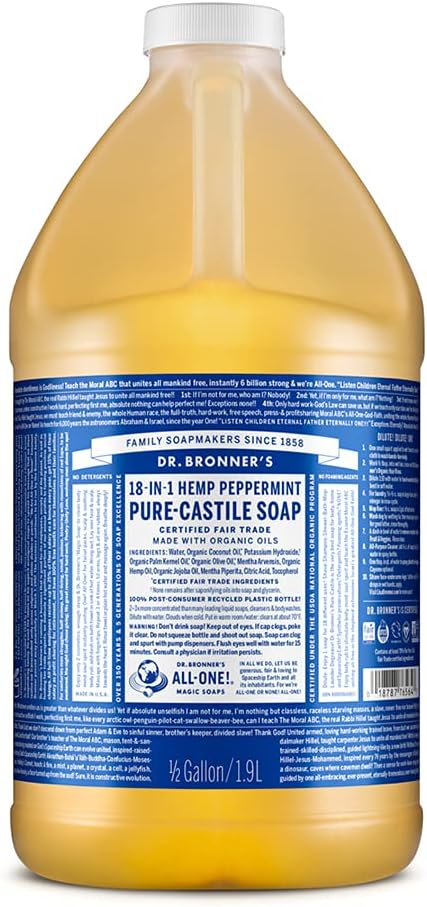 Dr. Bronner's - Pure-Castile Liquid Soap (Peppermint, 64 ounce) - Made with Organic Oils, 18-in-1 Uses: Face, Body, Hair, Laundry, Pets and Dishes, Concentrated, Vegan, Non-GMO