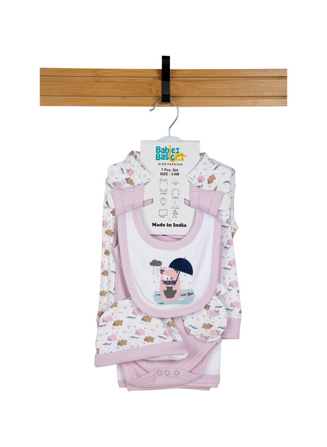 Babies Basic 7 Piece Unisex 100% Cotton Gift Set Include Bib, Blanket, Mitten, Cap, Romper, Top And Bottom Set, Mouve  - Image 1
