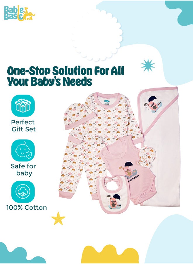 Babies Basic 7 Piece Unisex 100% Cotton Gift Set Include Bib, Blanket, Mitten, Cap, Romper, Top And Bottom Set, Mouve  - Image 2