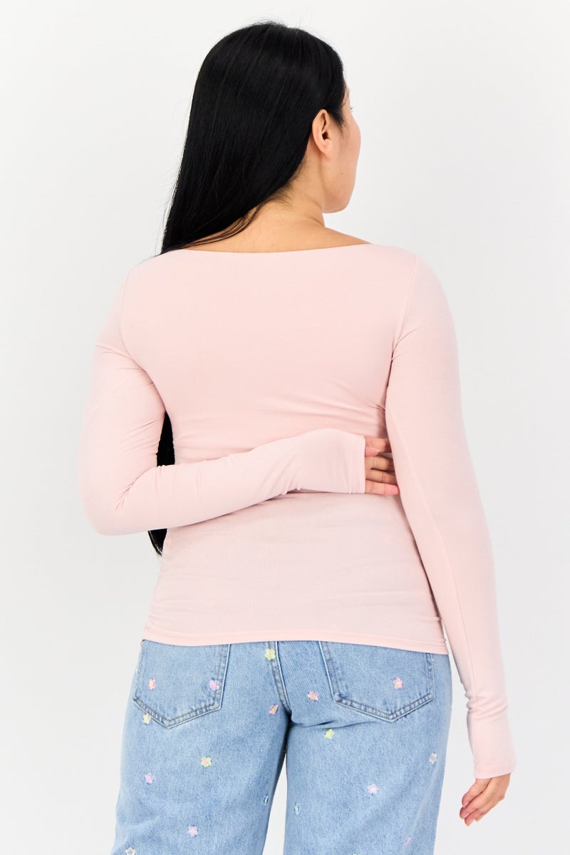 bebe Women Boat Neck Long Sleeve Solid Top, Light Pink  - Image 3