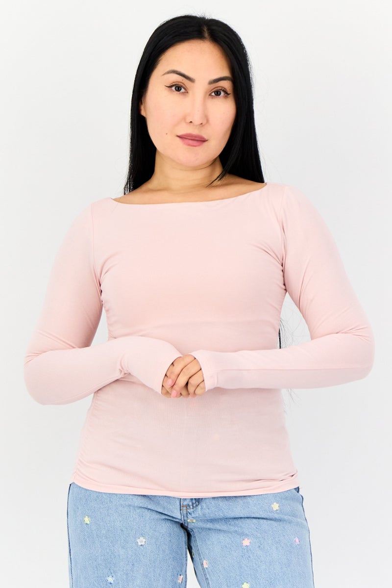 bebe Women Boat Neck Long Sleeve Solid Top, Light Pink  - Image 1