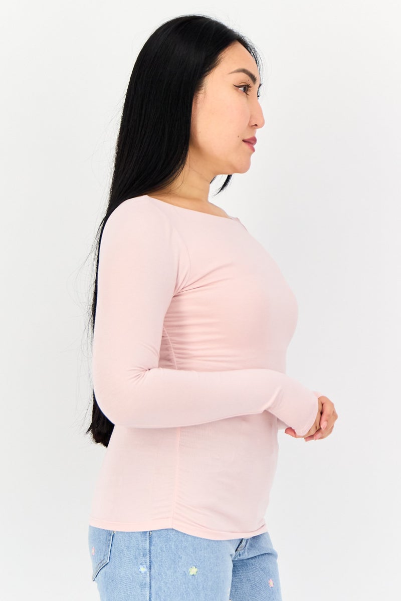 bebe Women Boat Neck Long Sleeve Solid Top, Light Pink  - Image 4