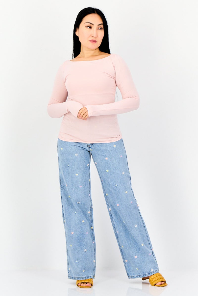 bebe Women Boat Neck Long Sleeve Solid Top, Light Pink  - Image 2