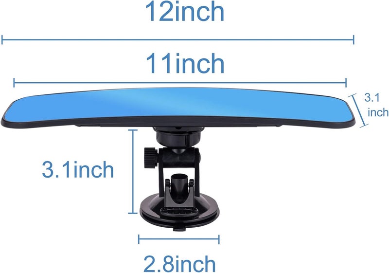 Wontolf 12'' Rear View Mirror Universal Rearview Mirror Interior Anti-glare Frameless Panoramic Wide Angle HD RearView Mirror with Suction Cup for Car Truck SUV Boats Van (Blue) - Image 5