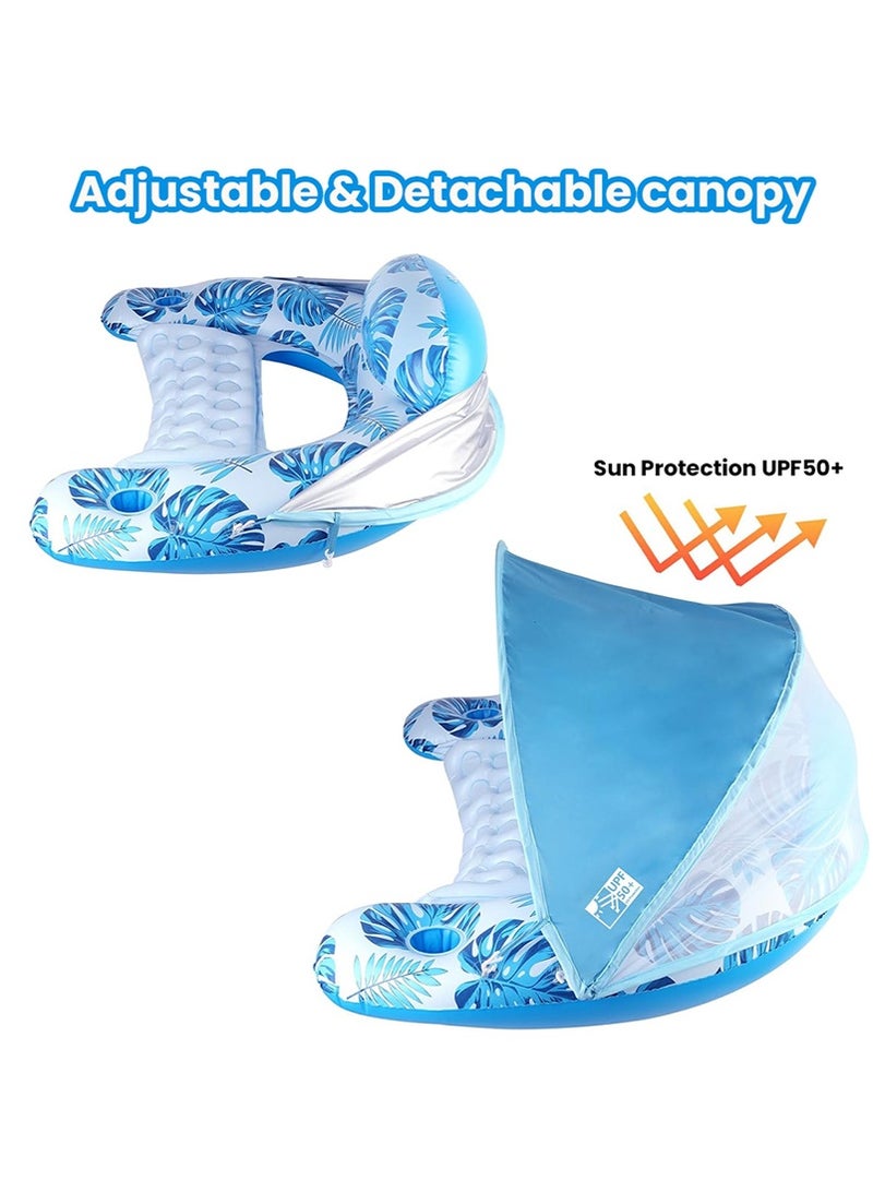 TAPIT PVC Inflatable Pool Float for Adults, Water Play Hammock with Detachable Sunshade Canopy, Leaf Printed Water Lounge Chair with Cup Holder, Portable Water Lounger Beach Lake Pool Party Family Use (Blue) - Image 5