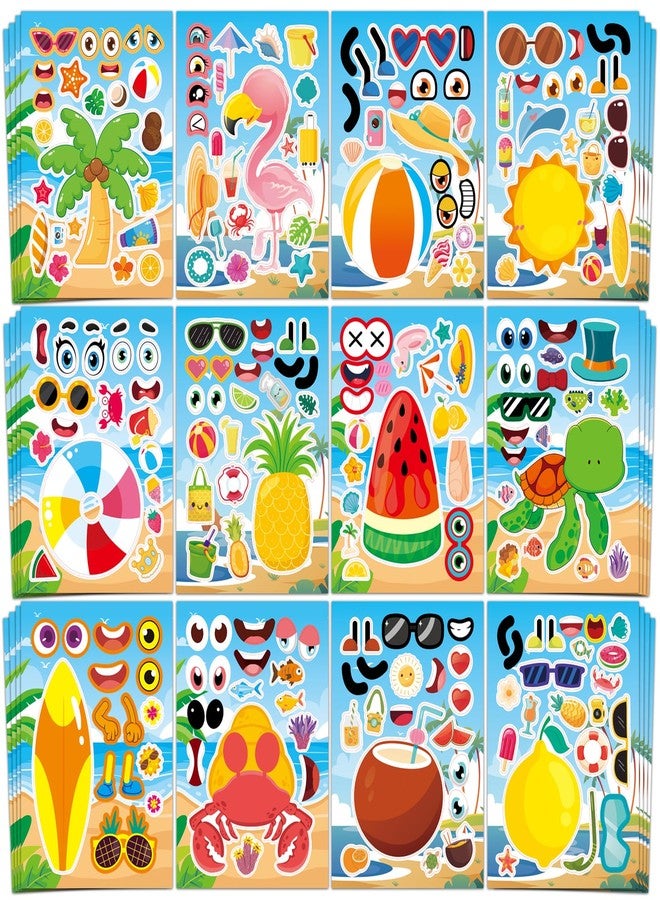 Aowplc 48 Sheets Summer Fun Make-a-Face Sticker Set for Kids - Create Your Own Faces with Beach, Tropical & Animal Stickers - Ideal Summer Crafts, Party Favors & Creative Activities - Image 1
