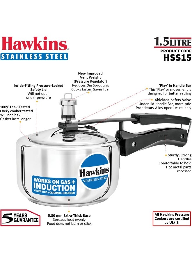 Hawkins - 1.5 Liters Stainless Steel Pressure Cooker,With Inner Lid,Induction Compatible,Silver - Image 1