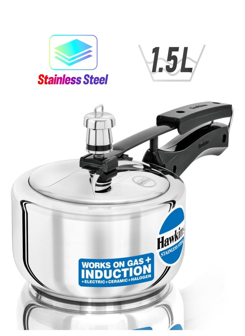 Hawkins - 1.5 Liters Stainless Steel Pressure Cooker,With Inner Lid,Induction Compatible,Silver - Image 1