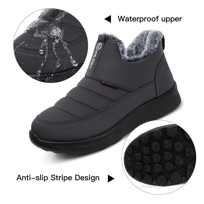 SHIBEVER Women Winter Snow Boots: Ankle Low Heel Slip on Fur Waterproof Booties for Womens Outdoor Warm Shoes Grey Size 8 - Image 4