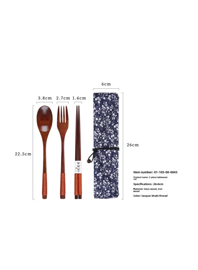 Yfjy Special Season Japanese Wooden Chopsticks Spoon Fork Portable One-person Spoon Fork Chopsticks Picnic Three-piece Cloth Bag-Specifications:(Lotus Wood) 22.5 Spoon And Fork Chopsticks Big Lacquer Khaki + Morning Glory  - Image 1