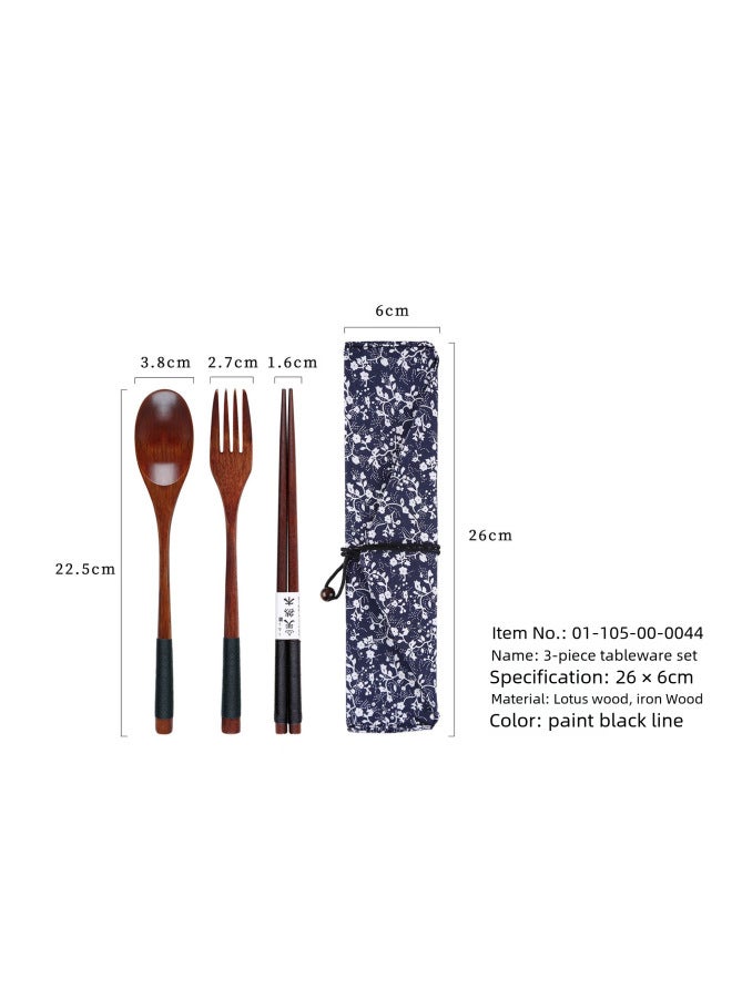 Yfjy Special Season Japanese Wooden Chopsticks Spoon Fork Portable One-person Spoon Fork Chopsticks Picnic Three-piece Cloth Bag-Specifications:(Lotus Wood) 22.5 Spoon And Fork Chopsticks Big Lacquer Khaki + Morning Glory  - Image 3