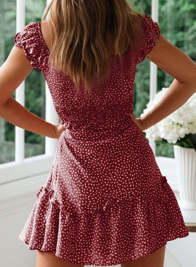 YOBECHO Womens Summer Ruffle Sleeve Sweetheart Neckline Printing Dress Mini Dresses, Wine Red, S - Image 3