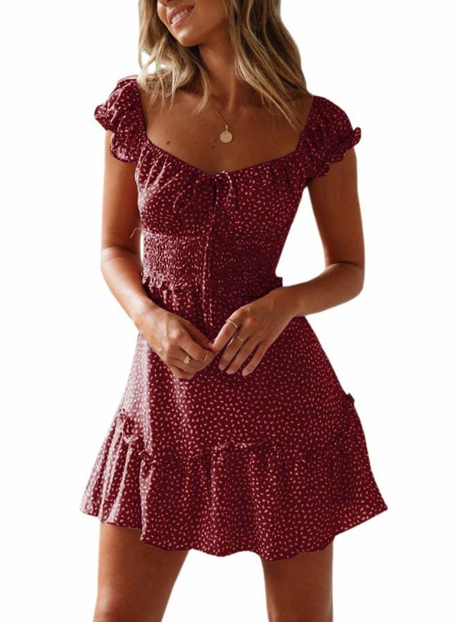 YOBECHO Womens Summer Ruffle Sleeve Sweetheart Neckline Printing Dress Mini Dresses, Wine Red, S - Image 1