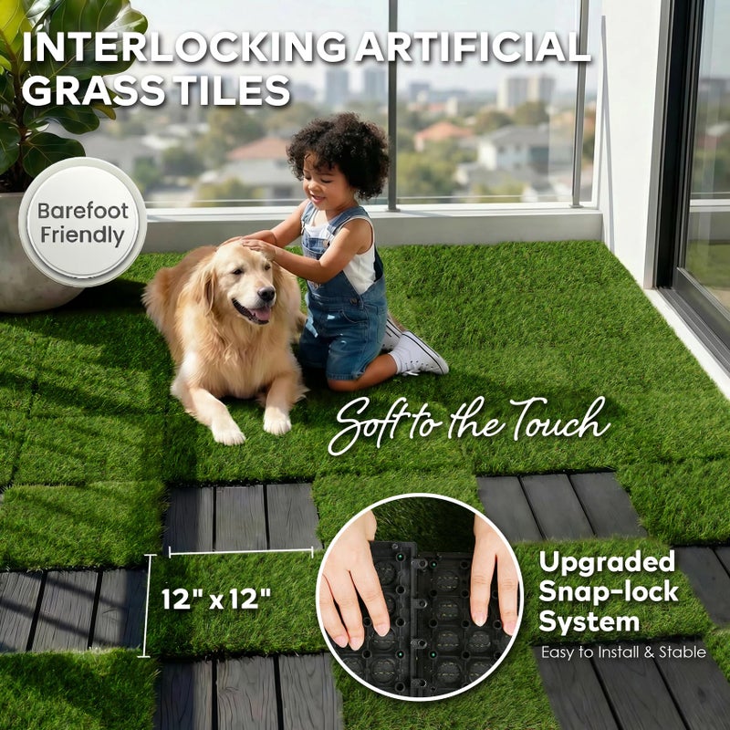 XLX TURF Artificial Grass Turf Tiles Interlocking Set 12 Pieces, Square Fake Grass Tiles Self-draining for Pet Indoor/Outdoor Flooring Decor, 12"x12", 8 Buckle Systerm - Image 2
