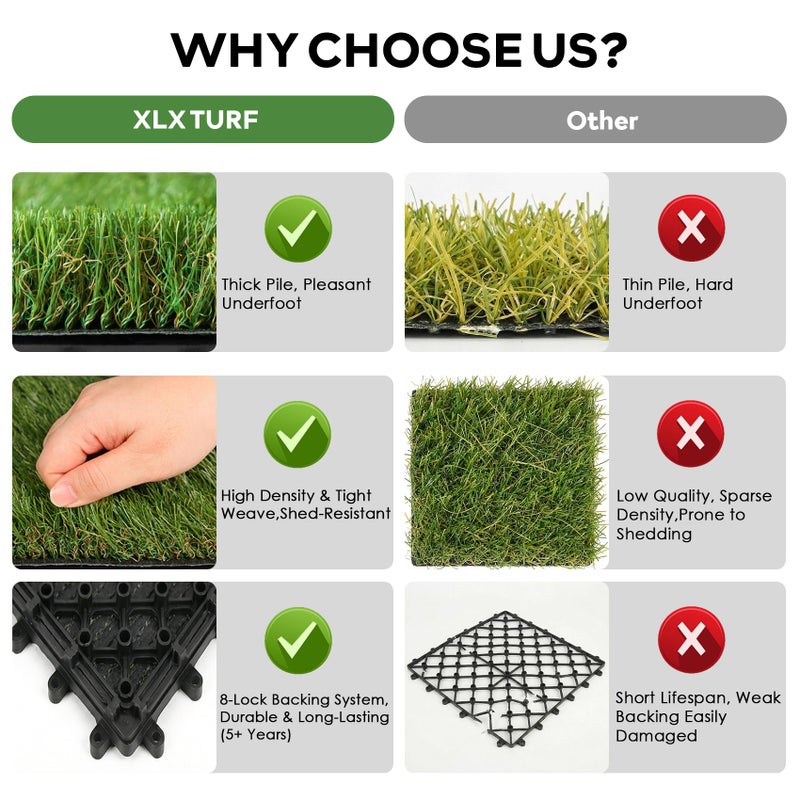 XLX TURF Artificial Grass Turf Tiles Interlocking Set 12 Pieces, Square Fake Grass Tiles Self-draining for Pet Indoor/Outdoor Flooring Decor, 12"x12", 8 Buckle Systerm - Image 5
